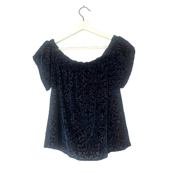 Hollister Navy Velvet Off-the-Shoulder Top Blouse Size Small Y2K Print - Picture 1 of 7